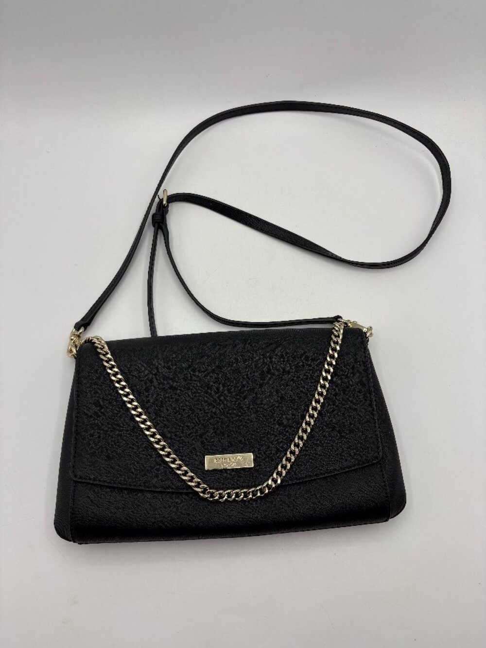 Kate Spade New York Black Saffiano Leather Chain Flap Crossbody Bag Gold